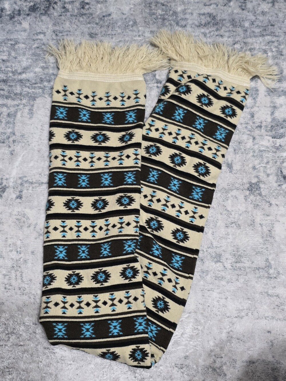 Cream & Turquoise Patterned Fringe Scarf
